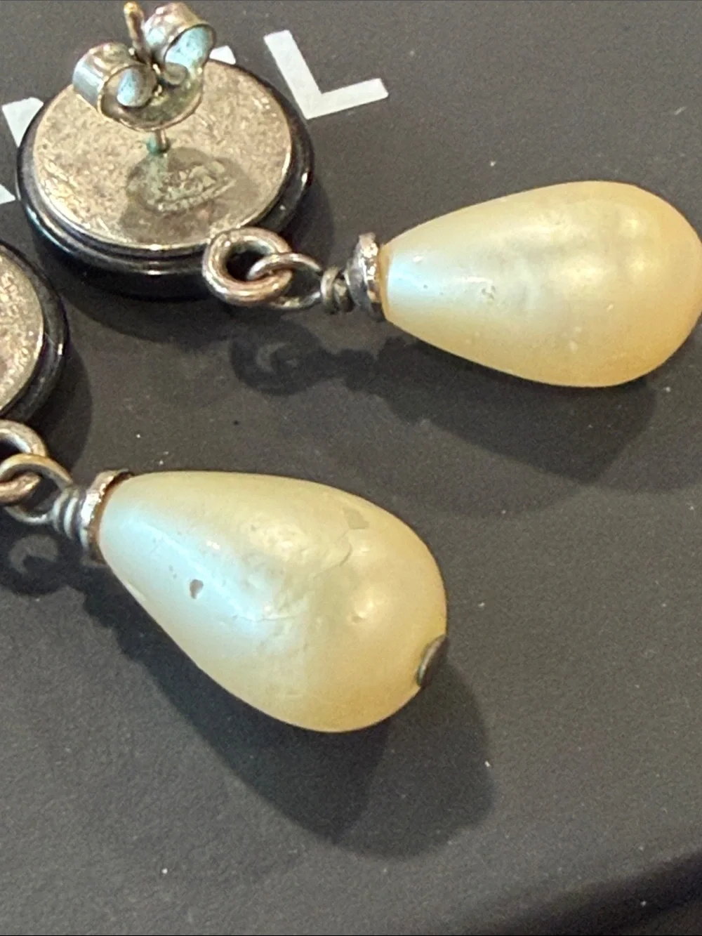 CHANEL Black Button and Cream Teardrop Pearl Drop Earrings